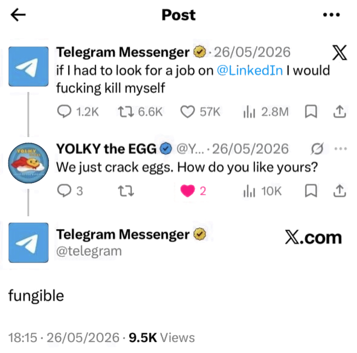 On X, Yolky replies "We just crack eggs. How do you like yours?" and Telegram's official account answers "fungible"