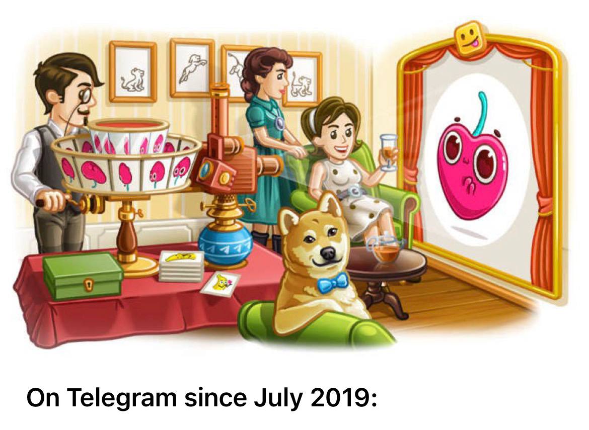 Telegram's anniversary illustration: a drawing room where an animated sticker character is displayed in a gilded mirror